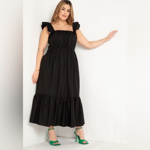 ELOQUII Black Flutter Sleeve Smocked Maxi Dress Toered Ruffle Hem Size 22 New